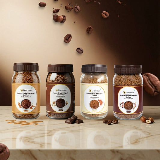 Freeze Dried Coffee Combo - 4 Flavors (Belgium, Hazelnut, Mocha & Caramel) – 100g Each | Premium Freeze Dried Coffee Bottles