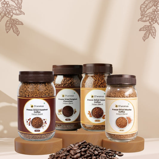 Freeze Dried Coffee Combo - 4 Flavors (Belgium, Hazelnut, Mocha & Caramel) – 100g Each | Premium Freeze Dried Coffee Bottles