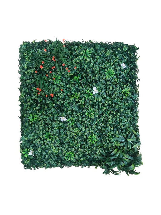 D'aromas Artificial Green Wall Grass With White Flower.Vertical Garden Wall.Size: 100cm X 100cm