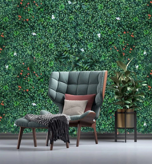 D'aromas Artificial Green Wall Grass With White Flower.Vertical Garden Wall.Size: 100cm X 100cm