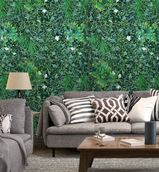 D'aromas Artificial Green Wall With White Flower Grass.Size: 100cm X 100cm