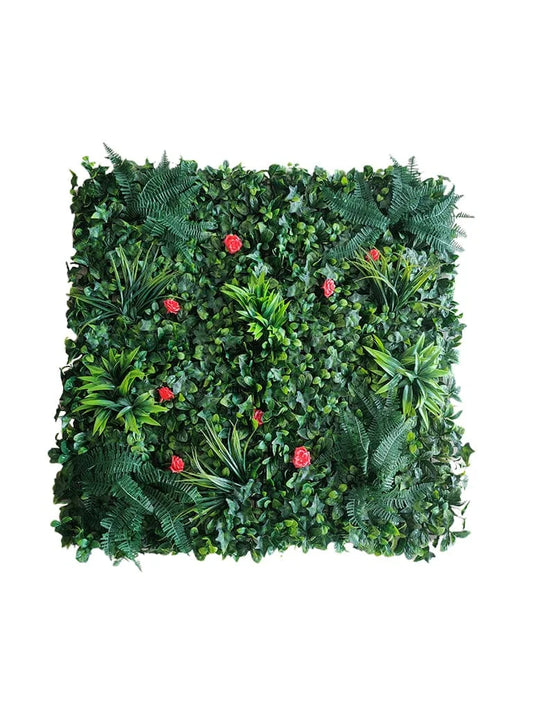 D'aromas Artificial Wall Grass With Red Flowers and Green Leaves.Size: 100cm X 100cm