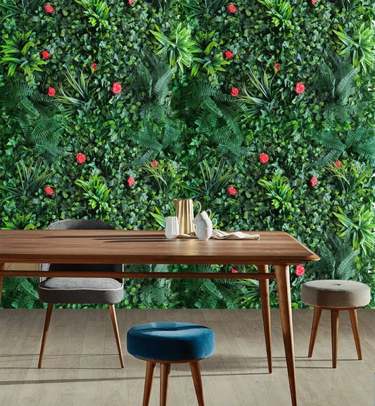 D'aromas Artificial Wall Grass With Red Flowers and Green Leaves.Size: 100cm X 100cm