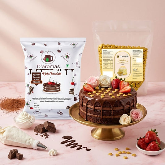 Baking Combo Pack - Chocolate Cake Premix & Golden Heart Sprinkles | 500g Each | 1kg Value Pack for Bakery, Café & Home