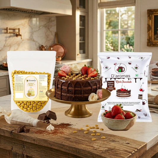 Baking Combo Pack - Chocolate Cake Premix & Golden Heart Sprinkles | 500g Each | 1kg Value Pack for Bakery, Café & Home