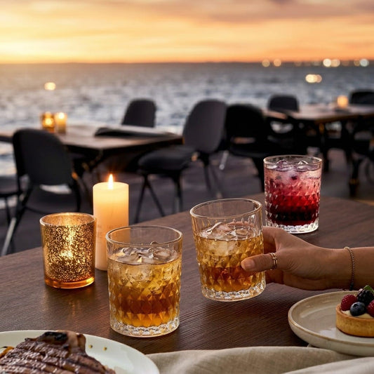 D'aromas Diamond Whiskey Glass Set of 6 (340ml) | Premium Cut Design Old Fashioned Tumbler | Crystal Clear Scotch, Bourbon & Cocktail Glass | Heavy Base Durable Drinkware