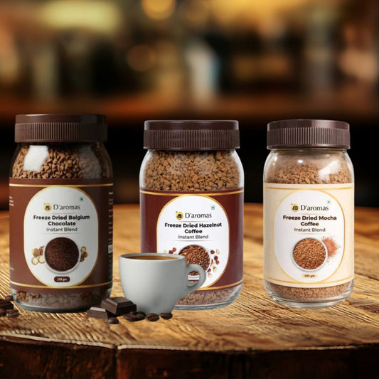 Freeze Dried Coffee Combo - 3 Flavors (Belgium, Hazelnut & Mocha) – 100g Each | Premium Freeze Dried Coffee Bottles
