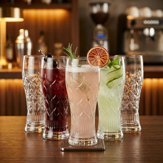 D'aromas Textured Tall Drinking Beer Glass Set of 6 (350ml) | Premium Embossed Design Juice, Beer & Mocktail Glass | Crystal Clear Durable Glassware for Home, Café & Restaurant