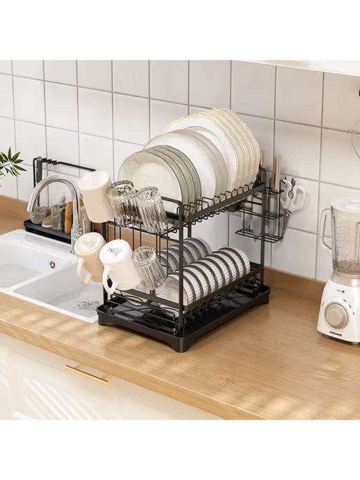 Premium Double Layer Dish Rack - Black