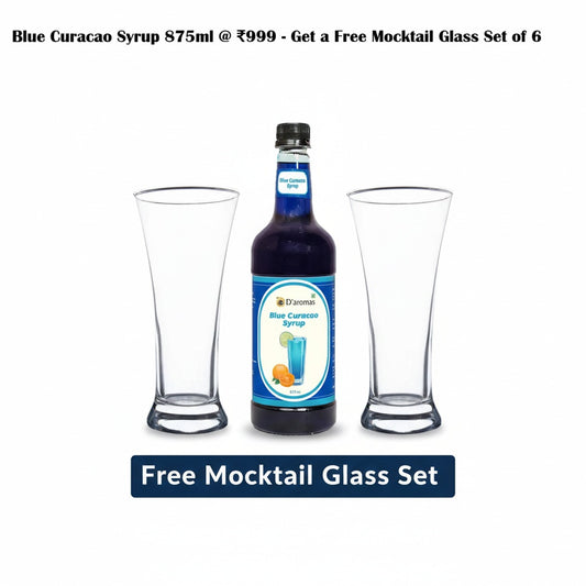 Blue Curacao Fruit Syrup 875 ml – FREE Mocktail Glass Set of 6 (340 ml)