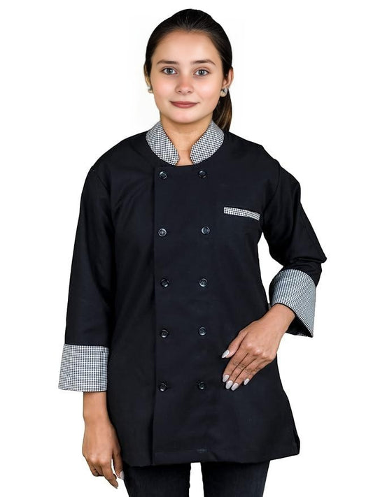 Women’s Black Check Collar Chef Coat