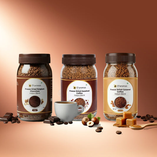 Freeze Dried Coffee Combo - 3 Flavors (Hazelnut, Belgium & Caramel) – 100g Each | Premium Freeze Dried Coffee Bottles
