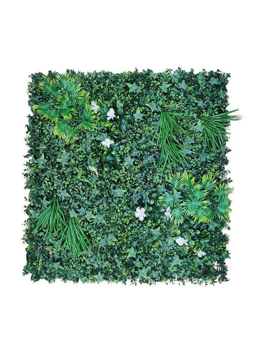 D'aromas Artificial Green Wall With White Flower Grass.Size: 100cm X 100cm