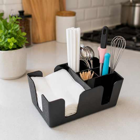 Tissue Box & Storage Holder for Napkins, Straws, and Condiments