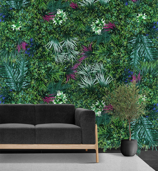 D'aromas Artificial Green Wall With Blooming Ferns.Size: 100cm X 100cm