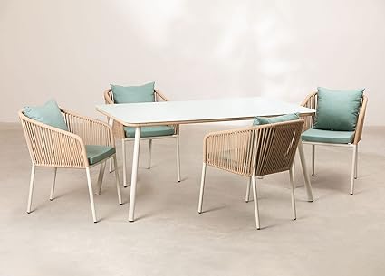 "D'aromas Supreme 4 Seater Outdoor Iron Rope Modern Classic Dining Set Chair and Long Table for Dining Room Sets"