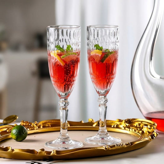 D'aromas Diamond Pattern Champagne Glass Set of 6 (165ml) | Elegant Crystal Effect Flute Glasses | Perfect for Sparkling Wine, Parties, Weddings & Gifting