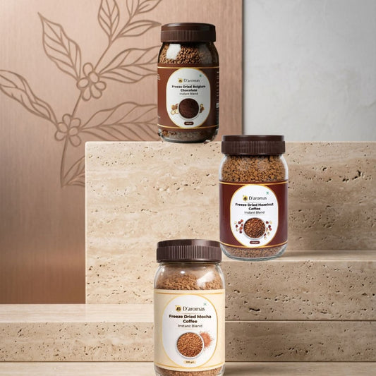 Freeze Dried Coffee Combo - 3 Flavors (Belgium, Hazelnut & Mocha) – 100g Each | Premium Freeze Dried Coffee Bottles