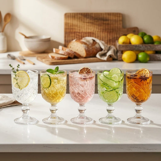 D'aromas Premium Goblet Wine Glass Set of 6 (320ml) | Vintage Textured Stem Glass for Red Wine, Mocktails & Cocktails | Crystal Clear Elegant Drinkware for Home, Parties & Gifting