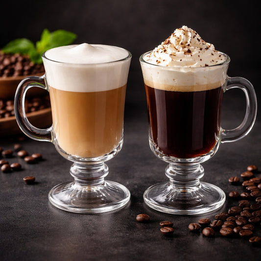 D’aromas Irish Coffee Glass Mug with Handle Set of 2 (350ml) | 350ml Clear Footed Glass Cup | Premium Latte, Cappuccino & Hot Coffee Mug | Heat Resistant Café Style Drinkware | Elegant & Durable (Pack of 2)