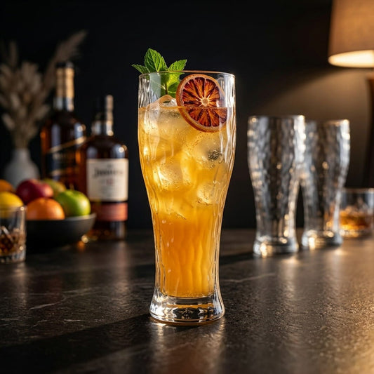 D'aromas Textured Tall Tumbler Beer Glass Set of 6 (350ml) | Premium Embossed Design Glass for Beer, Juice & Mocktails | Crystal Clear Durable Drinkware for Home, Café & Restaurant