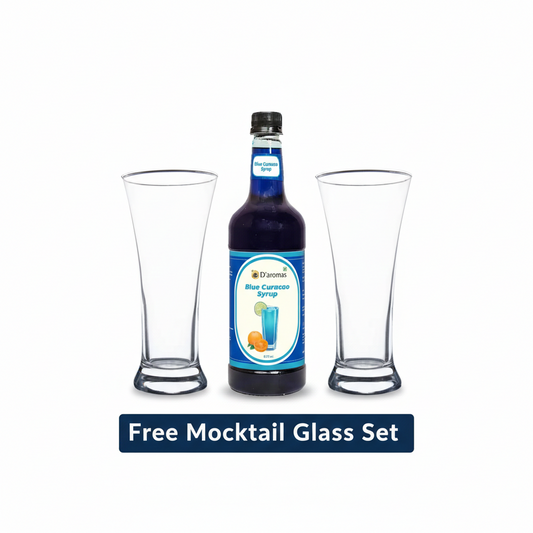 Blue Curacao Fruit Syrup 875 ml – FREE Mocktail Glass Set of 6 (340 ml)
