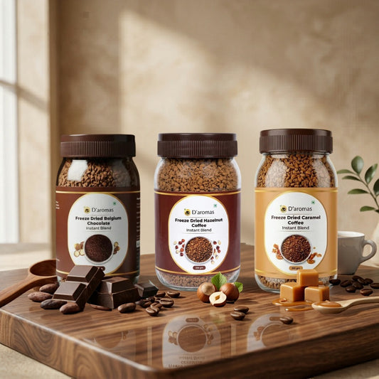 Freeze Dried Coffee Combo - 3 Flavors (Hazelnut, Belgium & Caramel) – 100g Each | Premium Freeze Dried Coffee Bottles