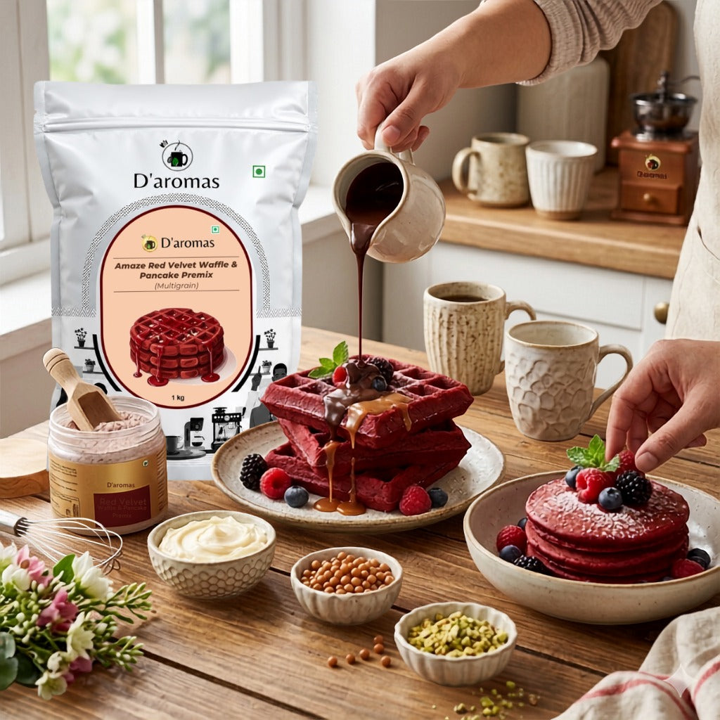 Red velvet waffles being prepared on a wooden table with 'D'aromas' packaging.
