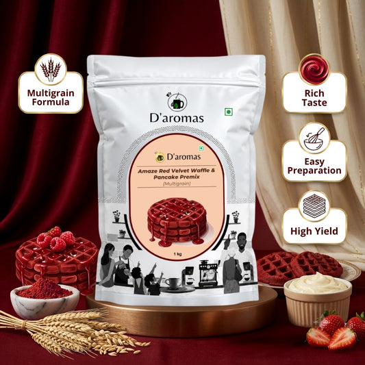 D'aromas waffle premix packaging with product images and features on a red background