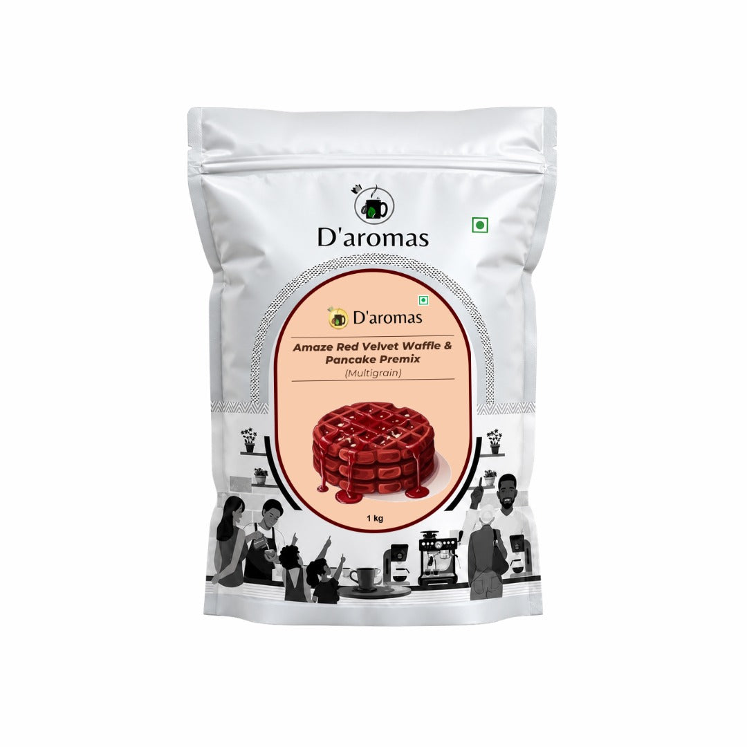 D'aromas Red Velvet Waffle & Pancake Premix packaging on a white background