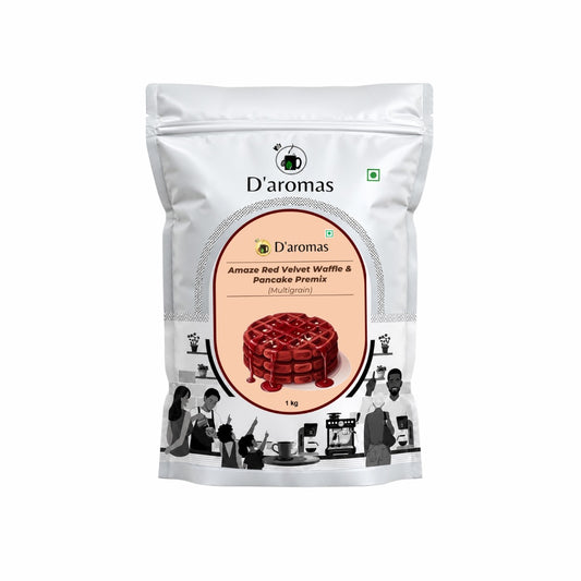 D'aromas Red Velvet Waffle & Pancake Premix packaging on a white background